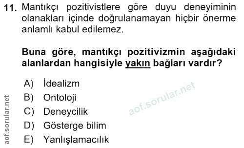 11. soru: Mantıkçı pozitivistlere göre duyu deneyiminin olanakları içinde doğrulanamayan hiçbir önerme anlamlı kabul edilemez.…