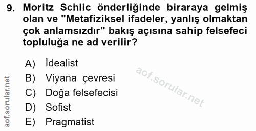 9. soru: Moritz Schlic önderliğinde biraraya gelmiş olan ve "Metafiziksel ifadeler, yanlış olmaktan çok anlamsızdır" bakış açı…