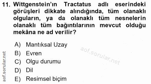 11. soru: Wittgenstein'in Tractatus adlı eserindeki görüşleri dikkate alındığında, tüm olanaklı olguların, ya da olanaklı tüm n…