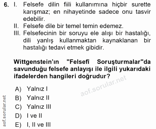 6. soru: I. Felsefe dilin fiili kullanımına hiçbir surette karışmaz; en nihayetinde sadece onu tasvir edebilir. II. Felsefe di…