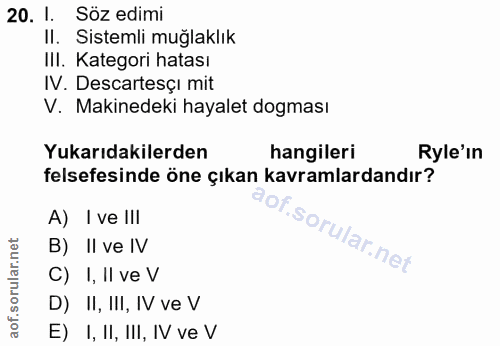 20. soru: 1. Söz edimi Il. Sistemli muğlaklık III. Kategori hatası IV. Descartesçı mit V. Makinedeki hayalet dogması Yukarıdaki…