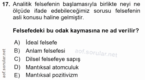 17. soru: Analitik felsefenin başlamasıyla birlikte neyi ne ölçüde ifade edebileceğimiz sorusu felsefenin asli konusu haline ge…