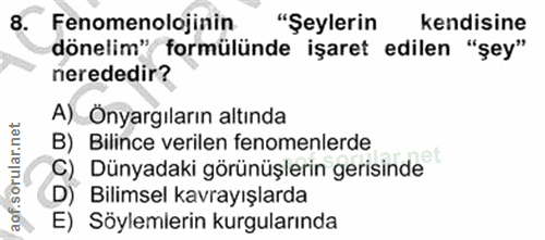 8. soru: Fenomenolojinin "Şeylerin kendisine dönelim" formülünde işaret edilen "şey" nerededir? A) Önyargıların altında B) Bil…