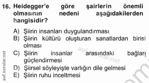 16. soru: Heidegger'e göre şairlerin önemli olmasının nedeni aşağıdakilerden hangisidir? A) Şiirin insanları duygulandırması B)…