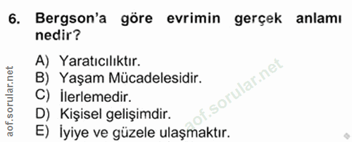 6. soru: Bergson'a göre evrimin gerçek anlamı nedir? A) Yaratıcılıktır. B) Yaşam Mücadelesidir. C) İlerlemedir. D) Kişisel gel…