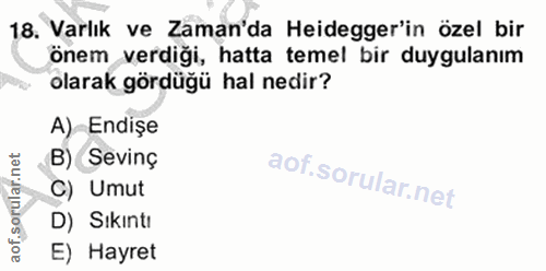 18. soru: Varlık ve Zaman'da Heidegger'in özel bir önem verdiği, hatta temel bir duygulanım olarak gördüğü hal nedir? A)-Endişe…
