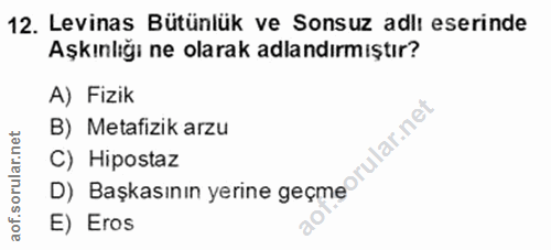 12. soru: Levinas Bütünlük ve Sonsuz adlı eserinde Aşkınlığı ne olarak adlandırmıştır? A) Fizik B) Metafizik arzu C) Hipostaz E…