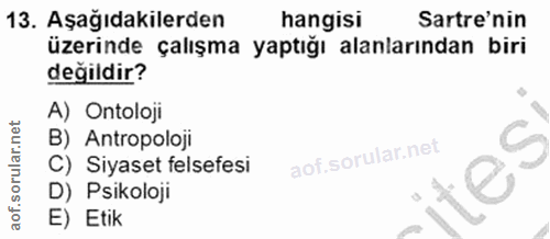 13. soru: Aşağıdakilerden hangisi Sartre'nin üzerinde çalışma yaptığı alanlarından biri değildir? A) Ontoloji B) Antropoloji C)…