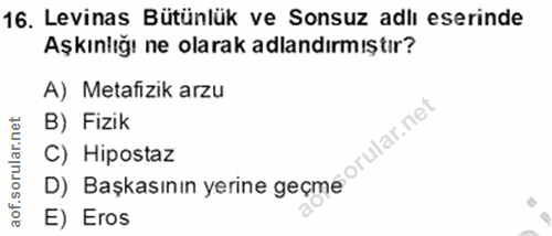16. soru: Levinas Bütünlük ve Sonsuz adlı eserinde Aşkınlığı ne olarak adlandırmıştır? A) Metafizik arzu rular.net B) Fizik C)…