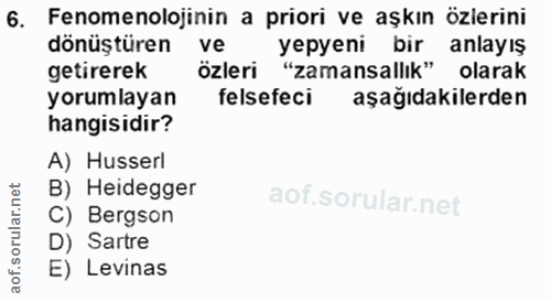 6. soru: Fenomenolojinin a priori ve aşkın özlerini dönüştüren ve yepyeni bir anlayış getirerek özleri "zamansallık" olarak yo…