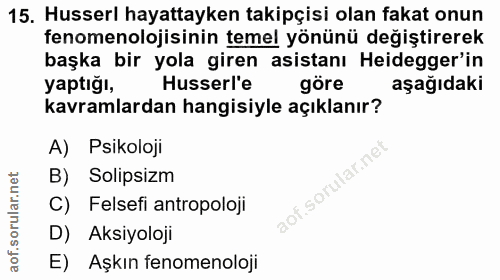15. soru: Husserl hayattayken takipçisi olan fakat onun fenomenolojisinin temel yönünü değiştirerek başka bir yola giren asista…