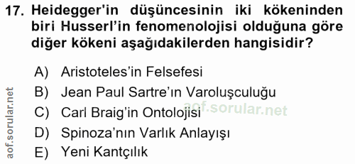 17. soru: Heidegger'in düşüncesinin iki kökeninden biri Husserl'in fenomenolojisi olduğuna göre diğer kökeni aşağıdakilerden ha…