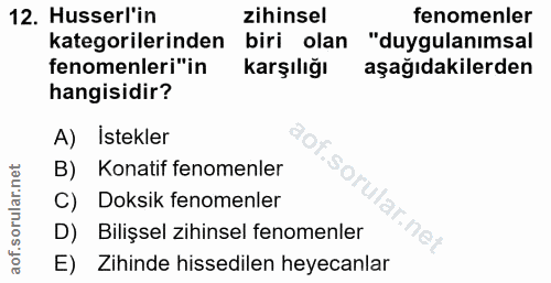 12. soru: Husserl'in zihinsel fenomenler kategorilerinden biri olan "duygulanımsal fenomenleri"in karşılığı aşağıdakilerden han…