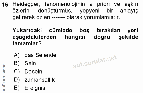 16. soru: Heidegger, fenomenolojinin a priori ve aşkın özlerini dönüştürmüş, yepyeni bir anlayış getirerek özleri --- olarak yo…