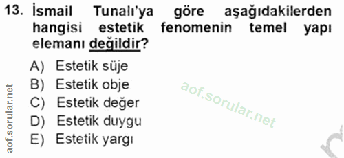 13. soru: Ismail Tunalı'ya göre aşağıdakilerden hangisi estetik fenomenin| temel yapı elemanı değildir? A) Estetik süje B) Este…