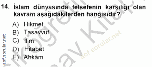 14. soru: İslam dünyasında felsefenin karşılığı olan kavram aşağıdakilerden hangisidir? A) Hikmet B) Tasavvuf C) Him lof. D) Hi…