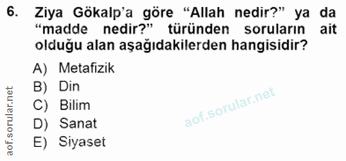6. soru: Ziya Gökalp'a göre "Allah nedir?" ya da "madde nedir?" türünden soruların ait olduğu alan aşağıdakilerden hangisidir?…