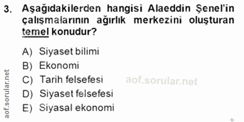 3. soru: Aşağıdakilerden hangisi Alaeddin Şenel'in çalışmalarının ağırlık merkezini oluşturan temel konudur? A) Siyaset bilimi…