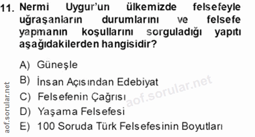 11. soru: Nermi Uygur'un ülkemizde felsefeyle uğraşaniarın durumlarını ve felsefe yapmanın koşullarını sorguladığı yapıtı aşağı…