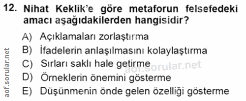 12. soru: Nihat Keklik'e göre metaforun felsefedeki amacı aşağıdakilerden hangisidir? A) Açıklamaları zorlaştırma B) İfadelerin…