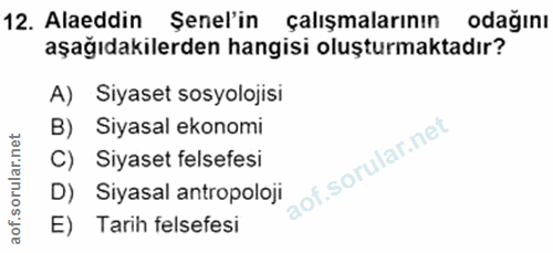 12. soru: Alaeddin Senel'in çalışmalarının odağını aşağıdakilerden hangisi oluşturmaktadır? A) Siyaset sosyolojisi B) Siyasal e…