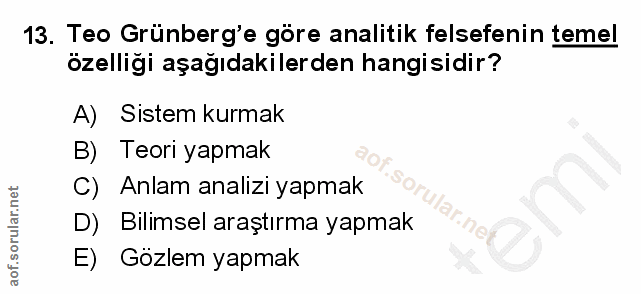 13. soru: Teo Grünberg'e göre analitik felsefenin temel özelligi aşağıdakilerden hangisidir? A) Sistem kurmak B) Teori yapmak O…