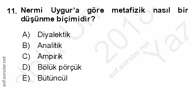 11. soru: Nermi Uygur'a göre metafizik nasıl bir düşünme biçimidir? A) Diyalektik B) Analitik C) Ampirik D) Bölük pörçük E) But…