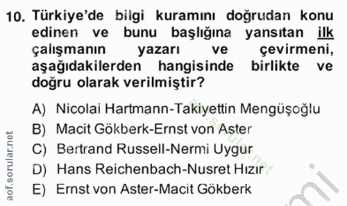 10. soru: Türkiye'de bilgi kuramını doğrudan konu edinen ve bunu başlığına yansıtan ilk çalışmanın yazarı ve çevirmeni, aşağıda…