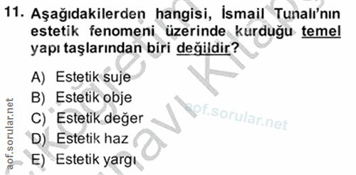 11. soru: Aşağıdakilerden hangisi, İsmail Tunalı'nın estetik fenomeni üzerinde kurduğu temel yapı taşlarından biri değildir? A)…