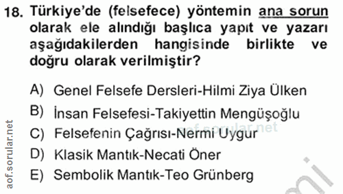 18. soru: Türkiye'de (felsefece) yöntemin ana sorun olarak ele alındığı başlıca yapıt ve yazarı aşağıdakilerden hangisinde birl…