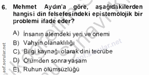 6. soru: Mehmet Aydın'a göre, aşağıdakilerden hangisi din felsefesindeki epistemolojik bir problemi ifade eder? A) İnsanın ale…