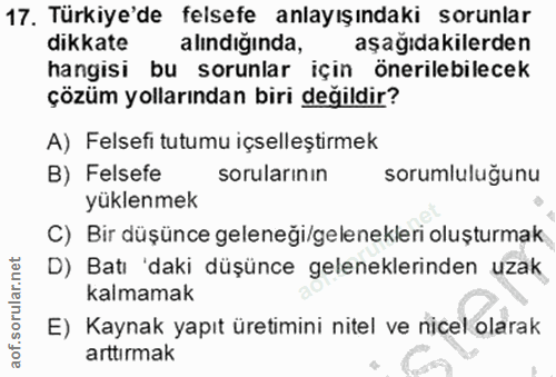 17. soru: Türkiye'de felsefe anlayışındakı sorunlar dikkate alındığında, aşağıdakilerden hangisi bu sorunlar için önerilebilece…