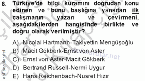 8. soru: Turkiye'de bilgi küramını doğrudan konu edinen ve 'bunu başlığına yansıtan ilk çalışmanın yazarı ve çevirmeni, aşağıd…