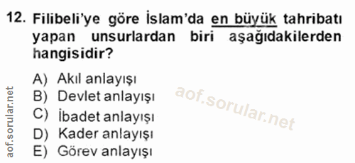 12. soru: Filibeli'ye göre İslam'da en büyük tahribatı yapan unsurlardan biri aşağıdakilerden hangisidir? A) Akıl anlayışı B) D…