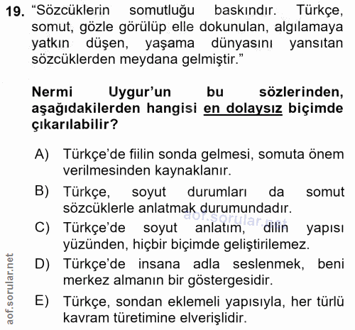 19. soru: "Sözcüklerin somutluğu baskındır. Türkçe, somut, gözle görülüp elle dokunulan, algılamaya yatkın düşen, yaşama dünyas…