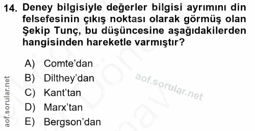14. soru: Deney bilgisiyle değerler bilgisi ayrımını din felsefesinin çıkış noktası olarak görmüş olan Şekip Tunç, bu düşüncesi…