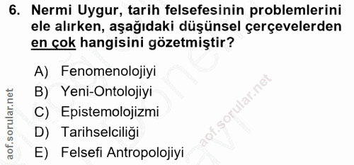 6. soru: Nermi Uygur, tarih felsefesinin problemlerini ele alırken, aşağıdaki düşünsel çerçevelerden en çok hangisini gözetmiş…