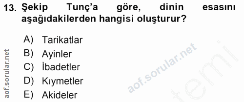 13. soru: Şekip Tunç'a göre, dinin esasını aşağıdakilerden hangisi oluşturur? A) Tarikatlar B) Ayinler C) İbadetler D) Kıymetle…