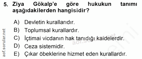 5. soru: Ziya Gökalp'e göre hukukun tanımı aşağıdakilerden hangisidir? A) Devletin kurallarıdır. B) Toplumsal kurallardır. C)…