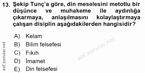 13. soru: Şekip Tunç'a göre, din meselesini metotlu bir düşünce ve muhakeme ile aydınlığa çıkarmaya, anlaşılmasını kolaylaştırm…