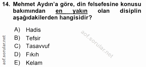 14. soru: Mehmet Aydın'a göre, din felsefesine konusu bakımından en yakın olan disiplin aşağıdakilerden hangisidir? A) Hadis B)…
