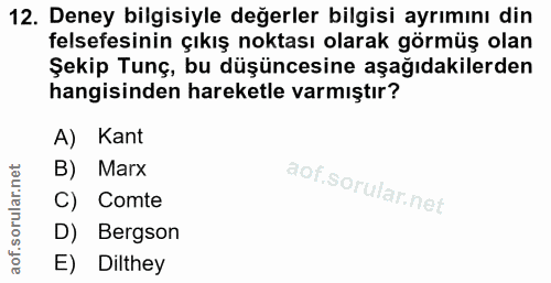 12. soru: Deney bilgisiyle değerler bilgisi ayrımını din felsefesinin çıkış noktası olarak görmüş olan Şekip Tunç, bu düşüncesi…