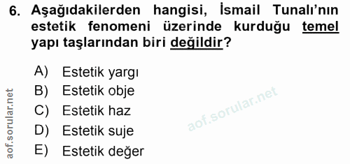 6. soru: Aşağıdakilerden hangisi, Ísmail Tunalı'nın estetik fenomeni üzerinde kurduğu temel yapı taşlarından biri değildir? A)…