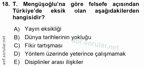 18. soru: T. Mengüşoğlu'na göre felsefe açısından Türkiye'de eksik olan aşağıdakilerden hangisidir? A) Yayın eksikliği B) Dünya…