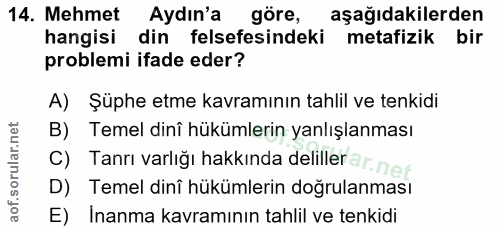 14. soru: Mehmet Aydın'a göre, aşağıdakilerden hangisi din felsefesindeki metafizik bir problemi ifade eder? A) Şüphe etme kavr…