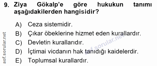 9. soru: Ziya Gökalp'e göre hukukun tanımı aşağıdakilerden hangisidir? A) Ceza sistemidir. B) Çıkar öbeklerine hizmet eden kur…