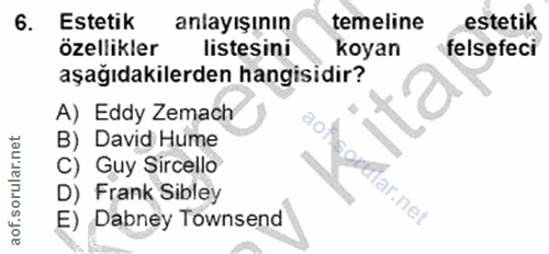 6. soru: Estetik anlayışının temeline estetik özellikler listesini koyan felsefeci aşağıdakilerden hangisidir? A) Eddy Zemach…