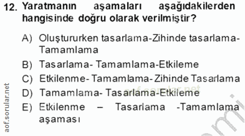 12. soru: Yaratmanın aşamaları aşağıdakilerden hangisinde doğru olarak verilmiştir? A) Oluştururken tasarlama-Zihinde tasarlama…