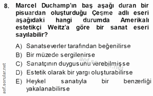 8. soru: Marcel Duchamp'ın baş aşağı duran bir pisuardan oluşturduğu Çeşme adlı eseri aşağıdaki hangi durumda Amerikalı esteti…