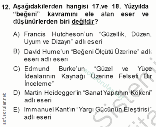 12. soru: Aşağıdakilerden hangisi 17.ve 18. Yüzyılda "beğeni" kavramını ele alan eser ve düşünürlerden biri değildir? A) Franci…